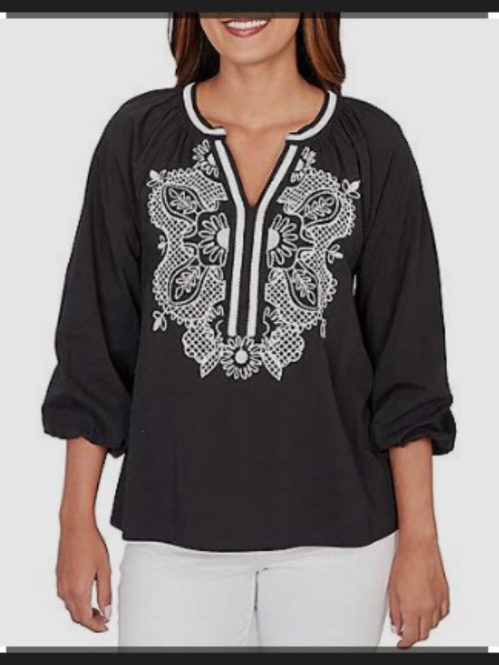 Ruby Rd. Black white Embroidered Split-Neck Women's Top